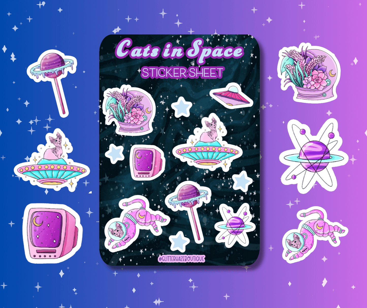 Cats In Space Sticker Sheet, Pastel Goth Sticker Pack, Anime Gift for Her