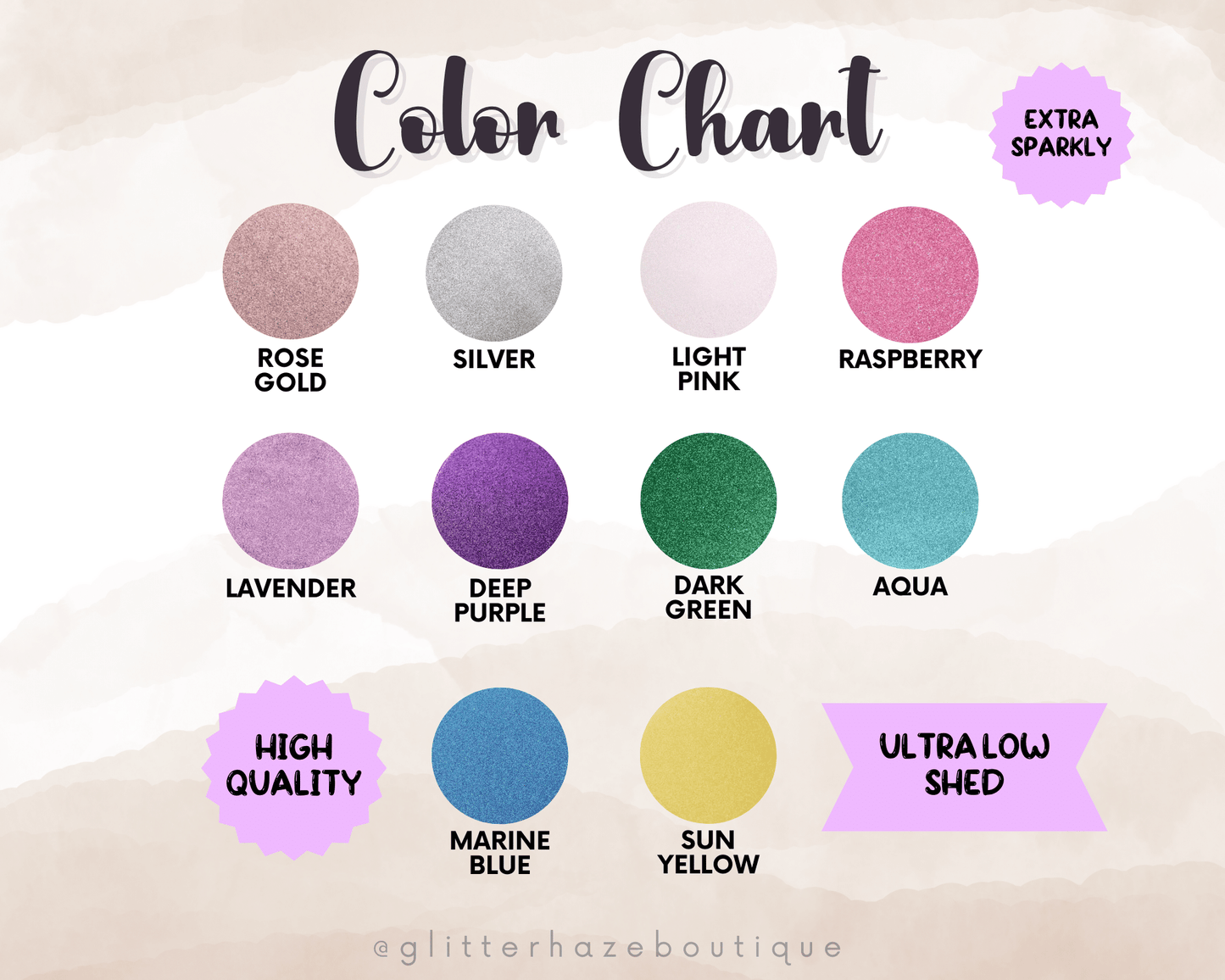 Colour chart for the different options of glitter cardstock