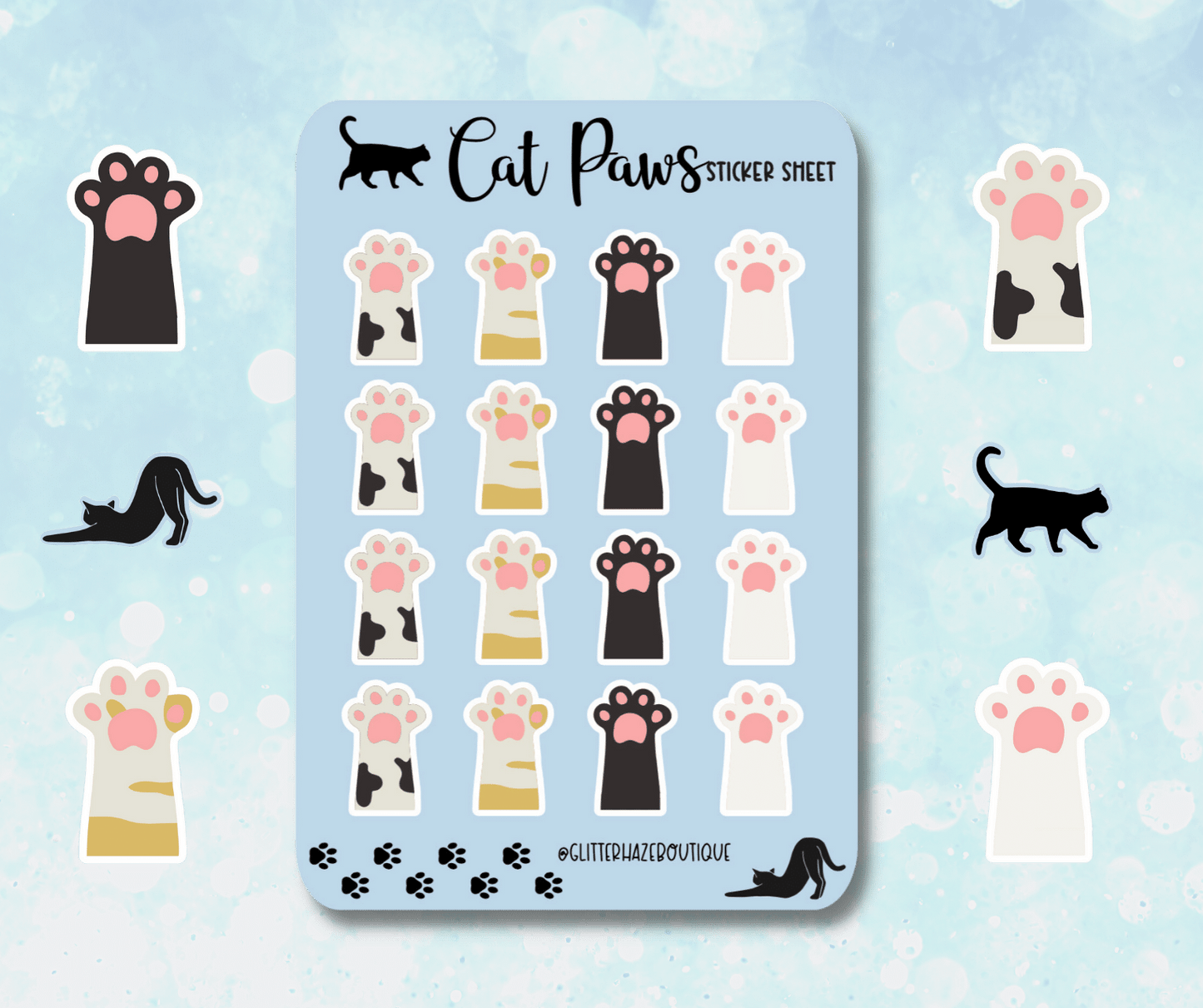 Cat Paws Sticker Sheet, Kawaii Stickers, 18 Pack Anime Kitty, Cute, Kawaii Stationary, Journal, Anime Stickers, Pink, Laptop Sticker, Gift for her
