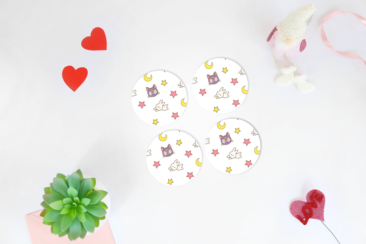 Sailor Moon Coaster Set, Anime Gift for Her, Lightweight Rubber Bottom Coasters, Kawaii Aesthetic Home Decor