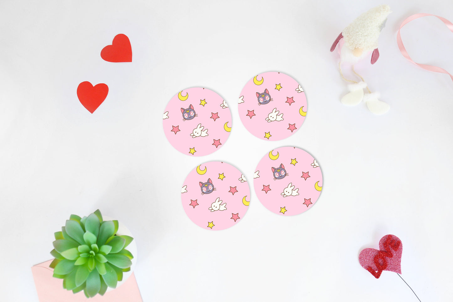 Sailor Moon Coaster Set, Anime Gift for Her, Lightweight Rubber Bottom Coasters, Kawaii Aesthetic Home Decor
