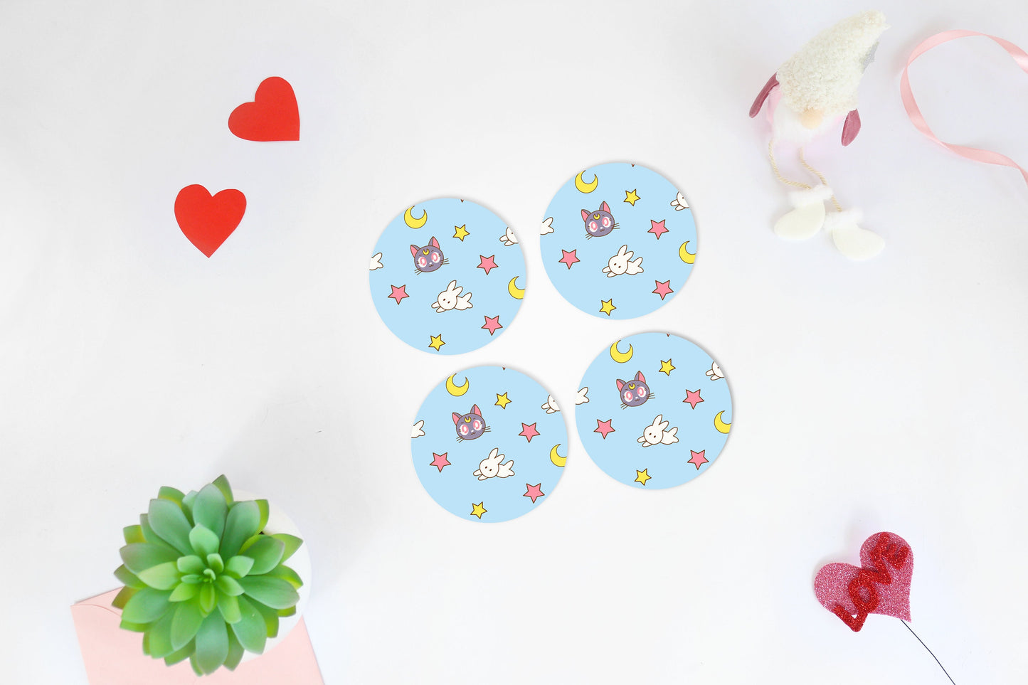 Sailor Moon Coaster Set, Anime Gift for Her, Lightweight Rubber Bottom Coasters, Kawaii Aesthetic Home Decor