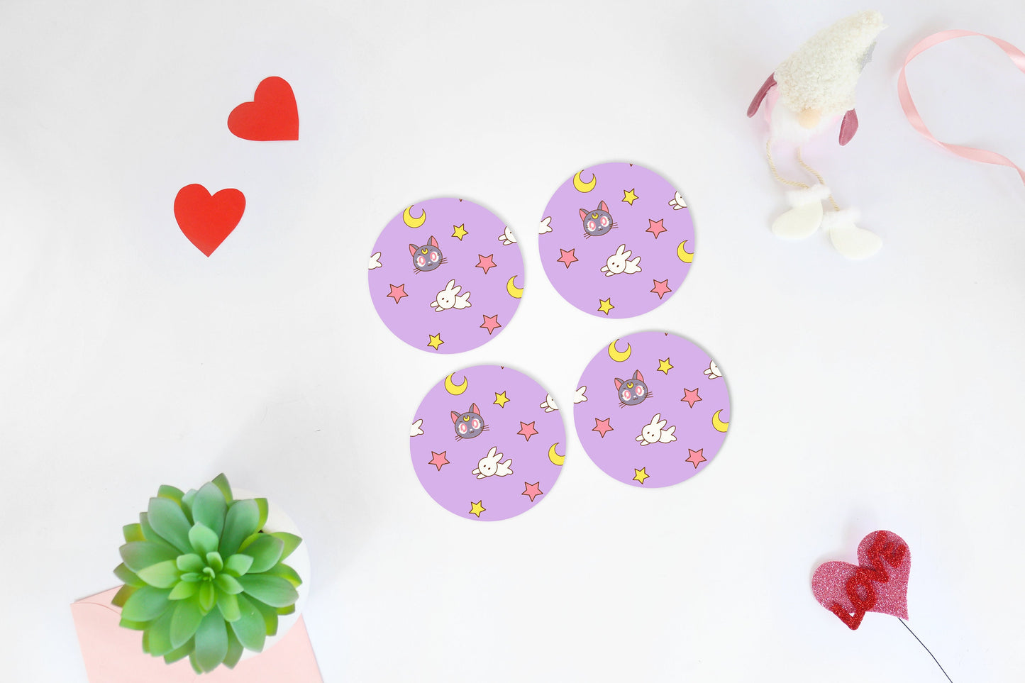 Sailor Moon Coaster Set, Anime Gift for Her, Lightweight Rubber Bottom Coasters, Kawaii Aesthetic Home Decor