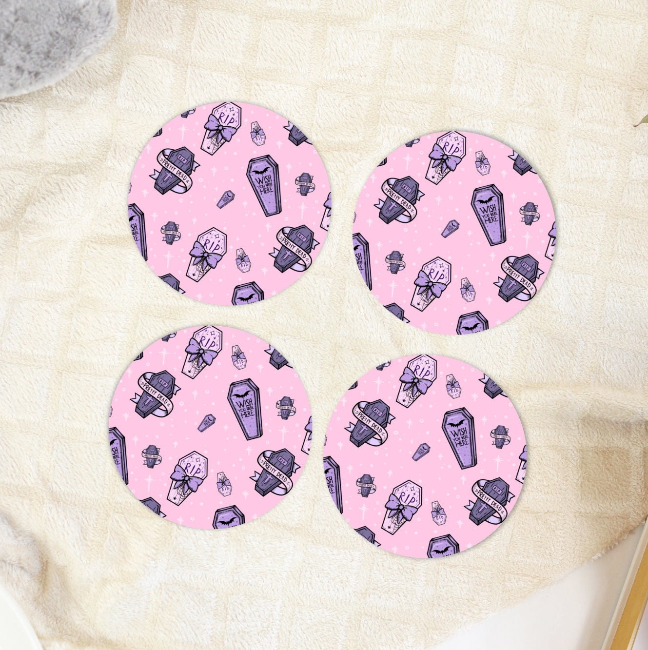 Pastel Goth Coffin Coaster Set, Anime Gift for Her, Lightweight Rubber Bottom Coasters, Kawaii Halloween Decorations, Gothic Home Decor