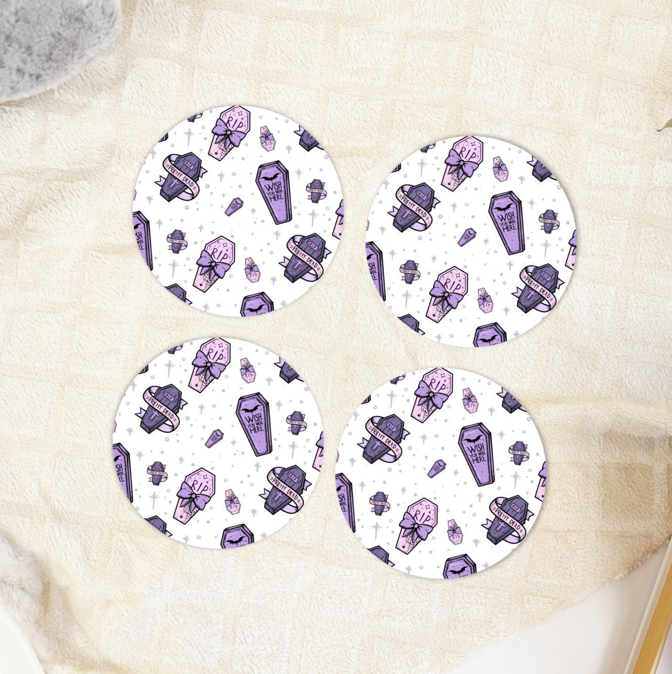 Pastel Goth Coffin Coaster Set, Anime Gift for Her, Lightweight Rubber Bottom Coasters, Kawaii Halloween Decorations, Gothic Home Decor