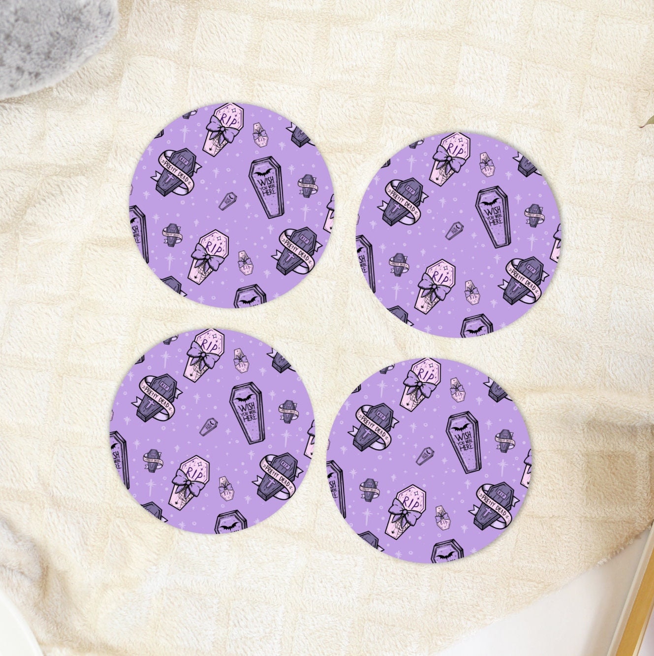 Pastel Goth Coffin Coaster Set, Anime Gift for Her, Lightweight Rubber Bottom Coasters, Kawaii Halloween Decorations, Gothic Home Decor