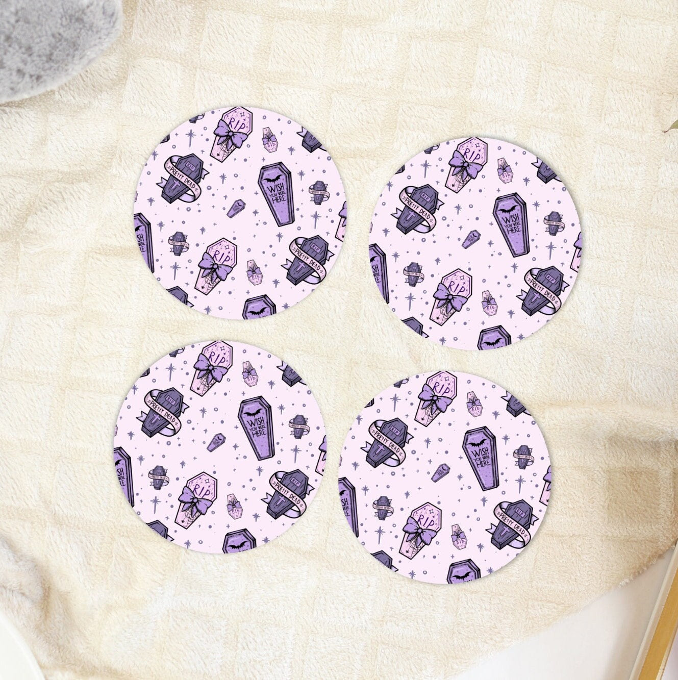 Pastel Goth Coffin Coaster Set, Anime Gift for Her, Lightweight Rubber Bottom Coasters, Kawaii Halloween Decorations, Gothic Home Decor