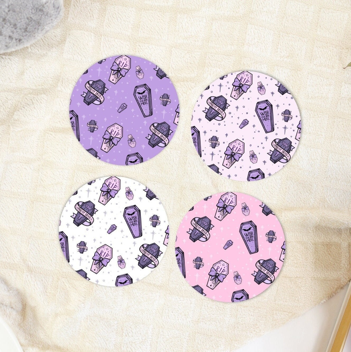 Pastel Goth Coffin Coaster Set, Anime Gift for Her, Lightweight Rubber Bottom Coasters, Kawaii Halloween Decorations, Gothic Home Decor