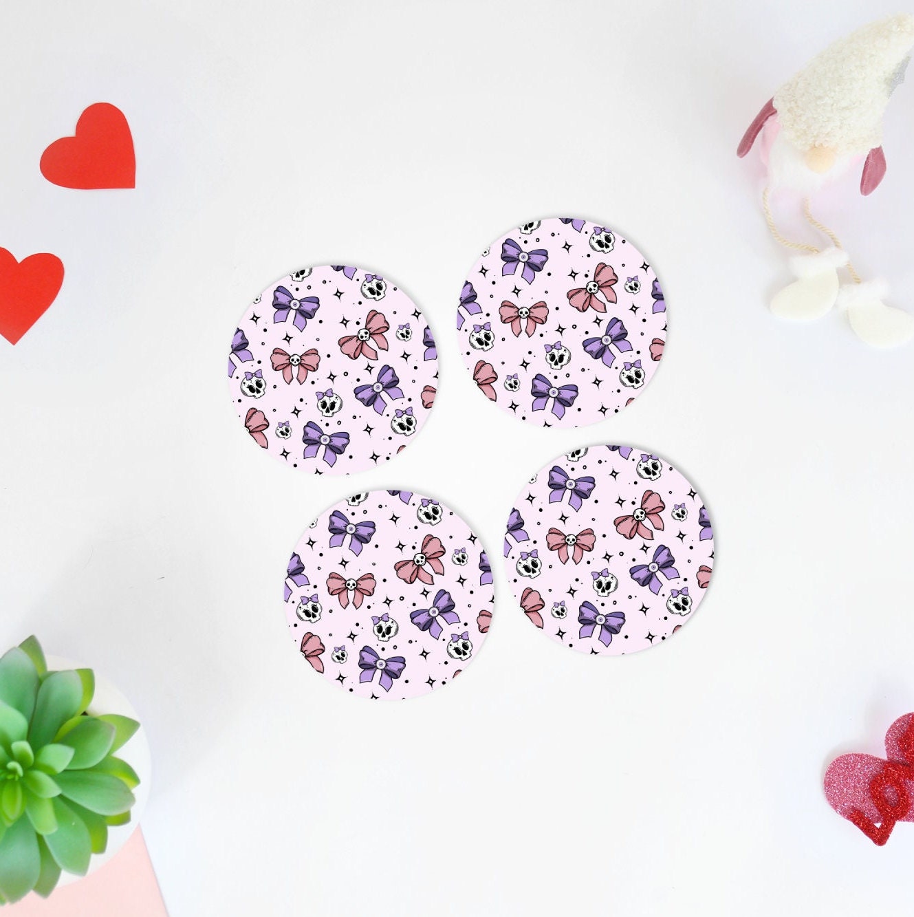 Pastel Goth Bows Coaster Set, Anime Gift for Her, Lightweight Rubber Bottom Coasters, Kawaii Halloween Decorations Gothic Home Decor