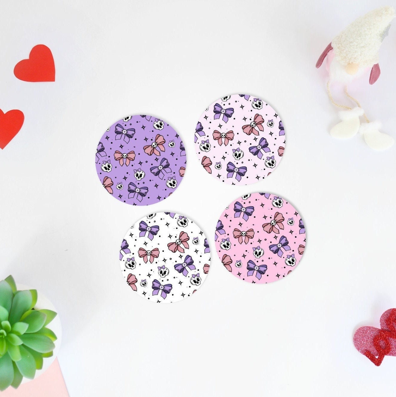 Pastel Goth Bows Coaster Set, Anime Gift for Her, Lightweight Rubber Bottom Coasters, Kawaii Halloween Decorations Gothic Home Decor