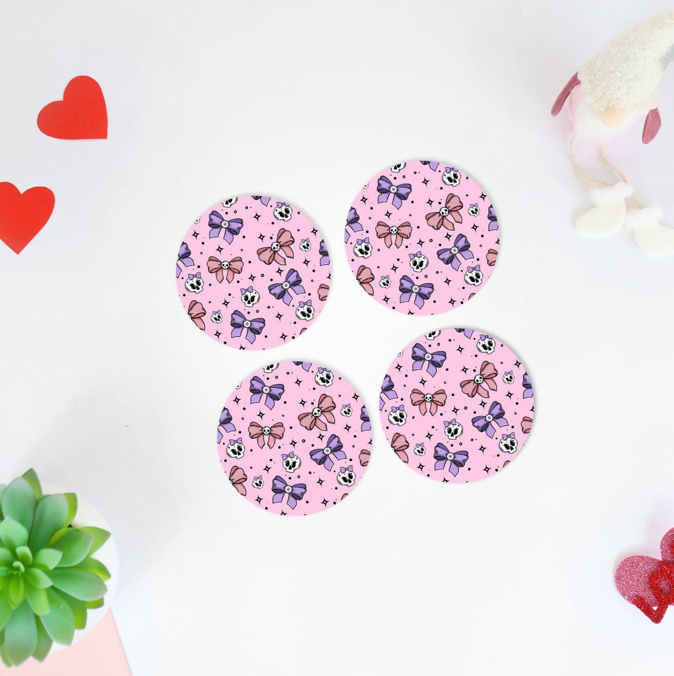 Pastel Goth Bows Coaster Set, Anime Gift for Her, Lightweight Rubber Bottom Coasters, Kawaii Halloween Decorations Gothic Home Decor