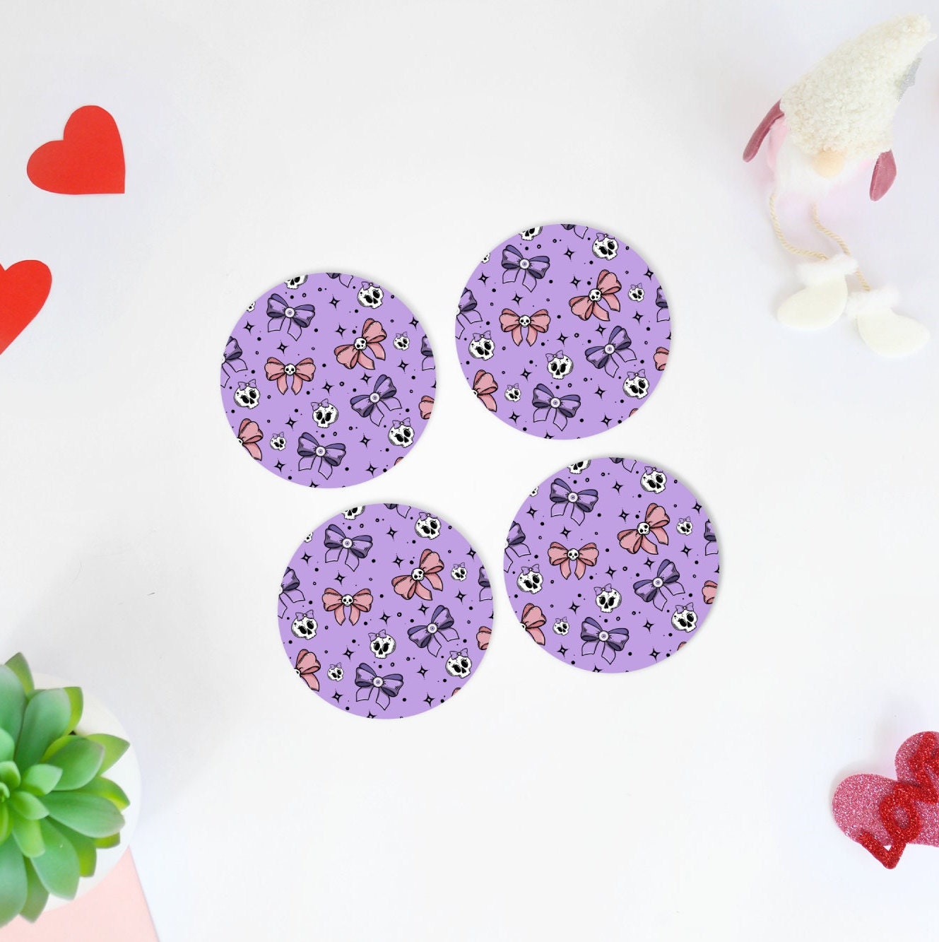 Pastel Goth Bows Coaster Set, Anime Gift for Her, Lightweight Rubber Bottom Coasters, Kawaii Halloween Decorations Gothic Home Decor