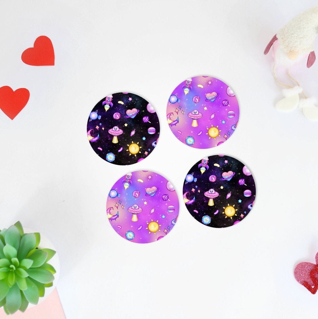 Pastel Goth Coaster Set, Kawaii Galaxy, Alien, Cute Gift for Her, Lightweight Non-slip, Kawaii Space Aesthetic, Gothic Home Decor