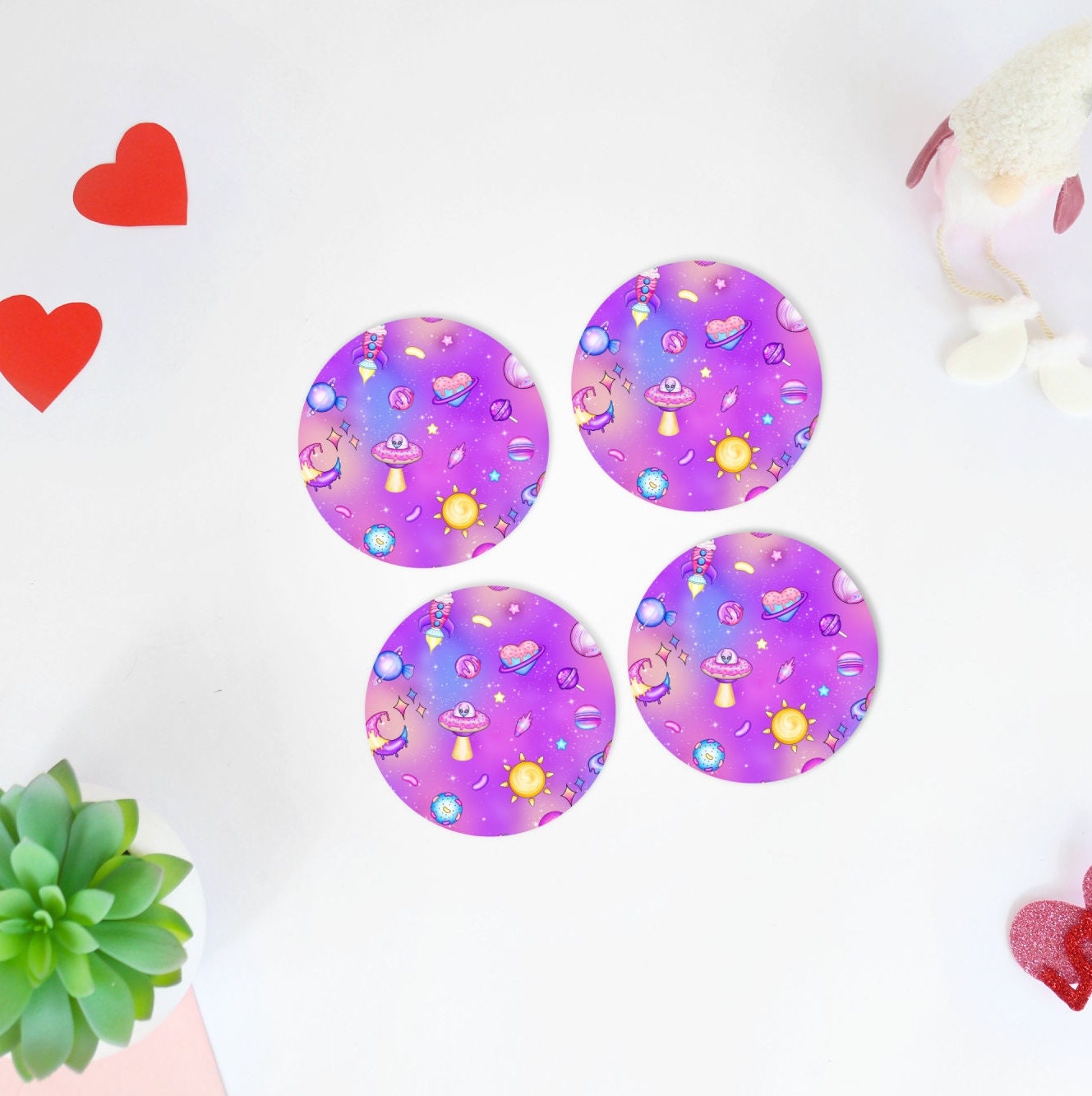 Pastel Goth Coaster Set, Kawaii Galaxy, Alien, Cute Gift for Her, Lightweight Non-slip, Kawaii Space Aesthetic, Gothic Home Decor