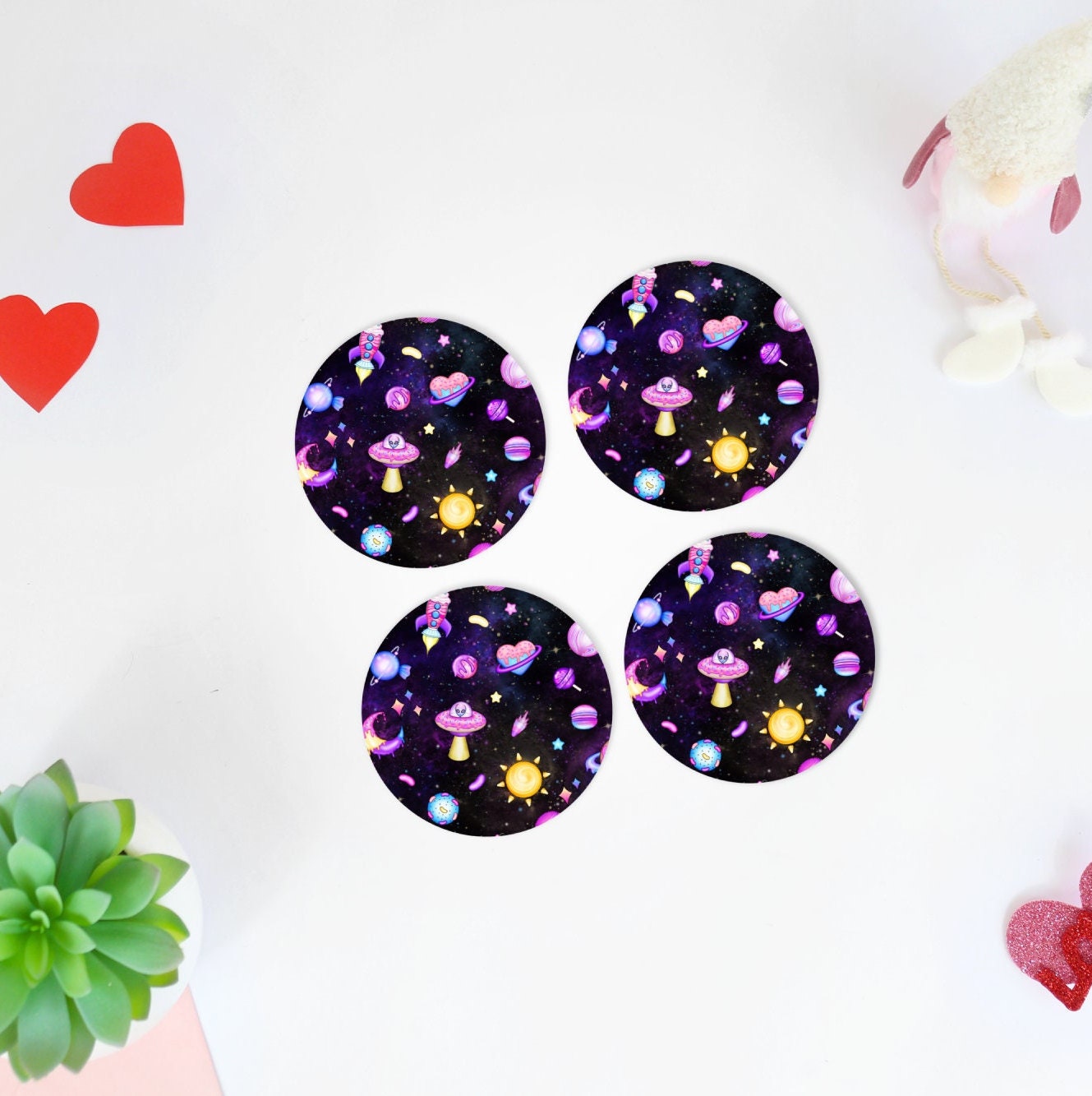 Pastel Goth Coaster Set, Kawaii Galaxy, Alien, Cute Gift for Her, Lightweight Non-slip, Kawaii Space Aesthetic, Gothic Home Decor