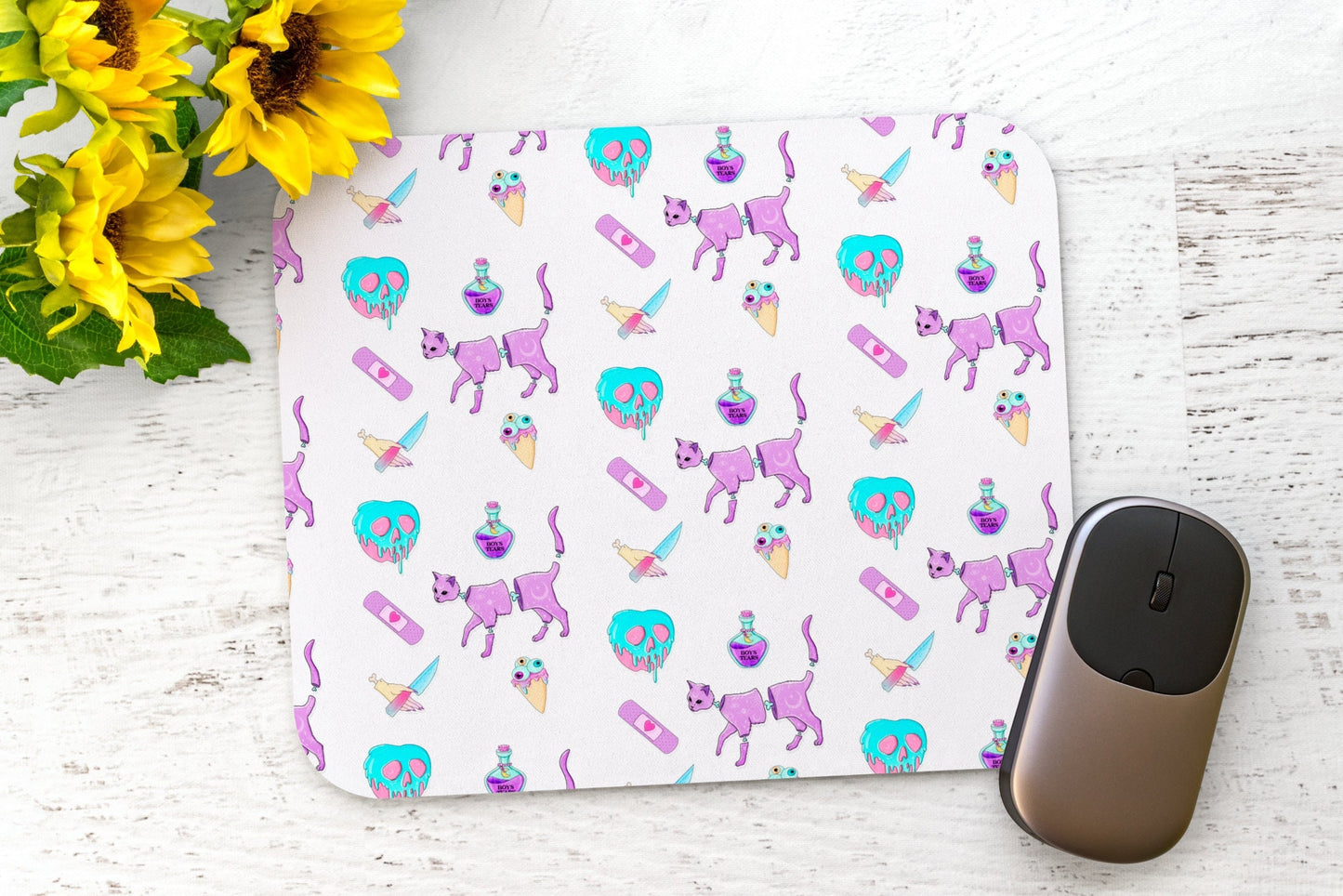 Creepy Cute Pastel Goth Cat Mousepad, Cute Gothic Gifts, Anime Magical Girl Gamer Accessories, Kawaii Mouse Pad