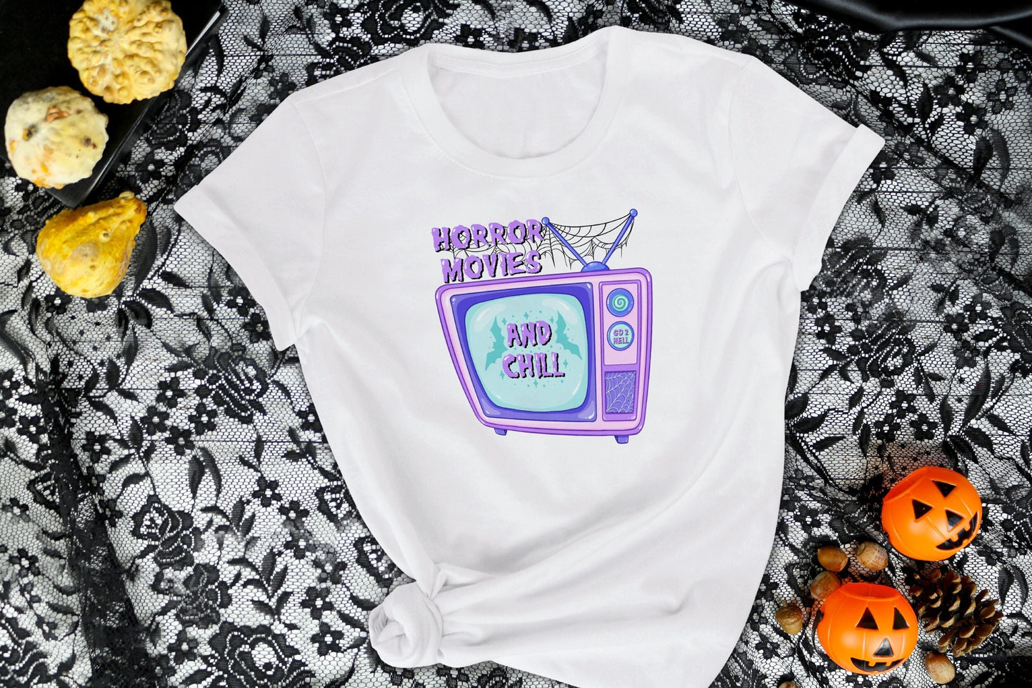 Horror Movies and Chill T-shirt | Funny Halloween Shirt | Creepy Cute Gift | Pastel Goth Apparel