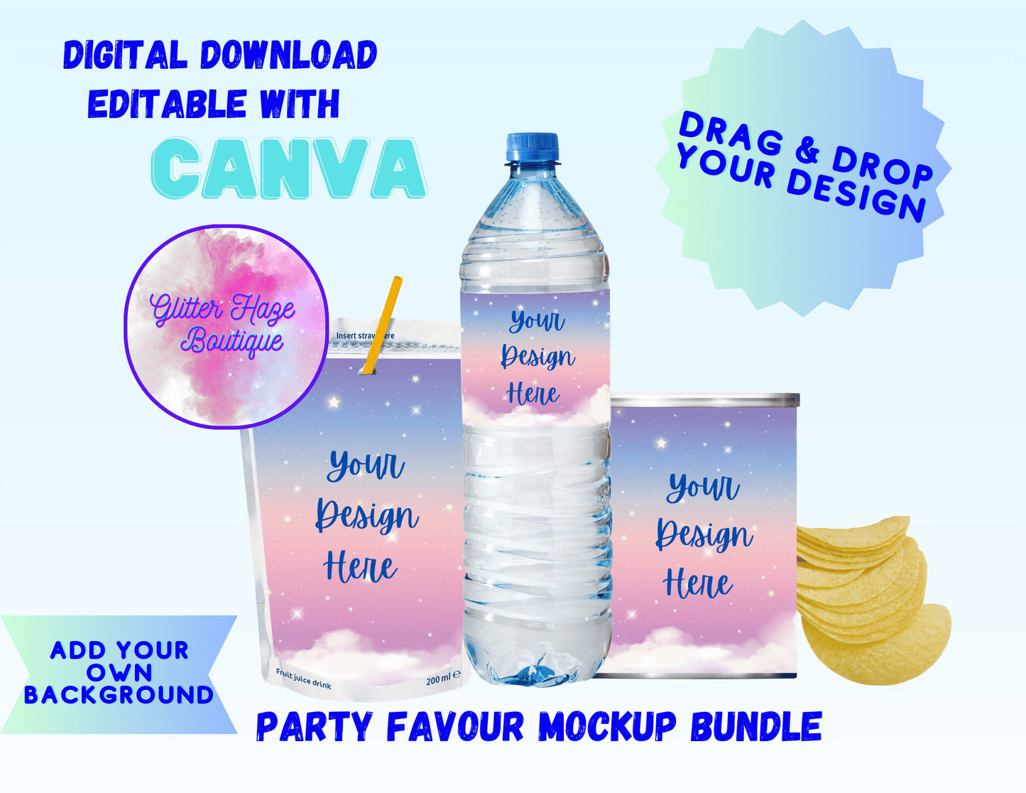Party Favour Mockup Bundle | Stackable Chip Can, Water Bottle, Juice Pouch Mock Up for Custom Designs | Canva Templates