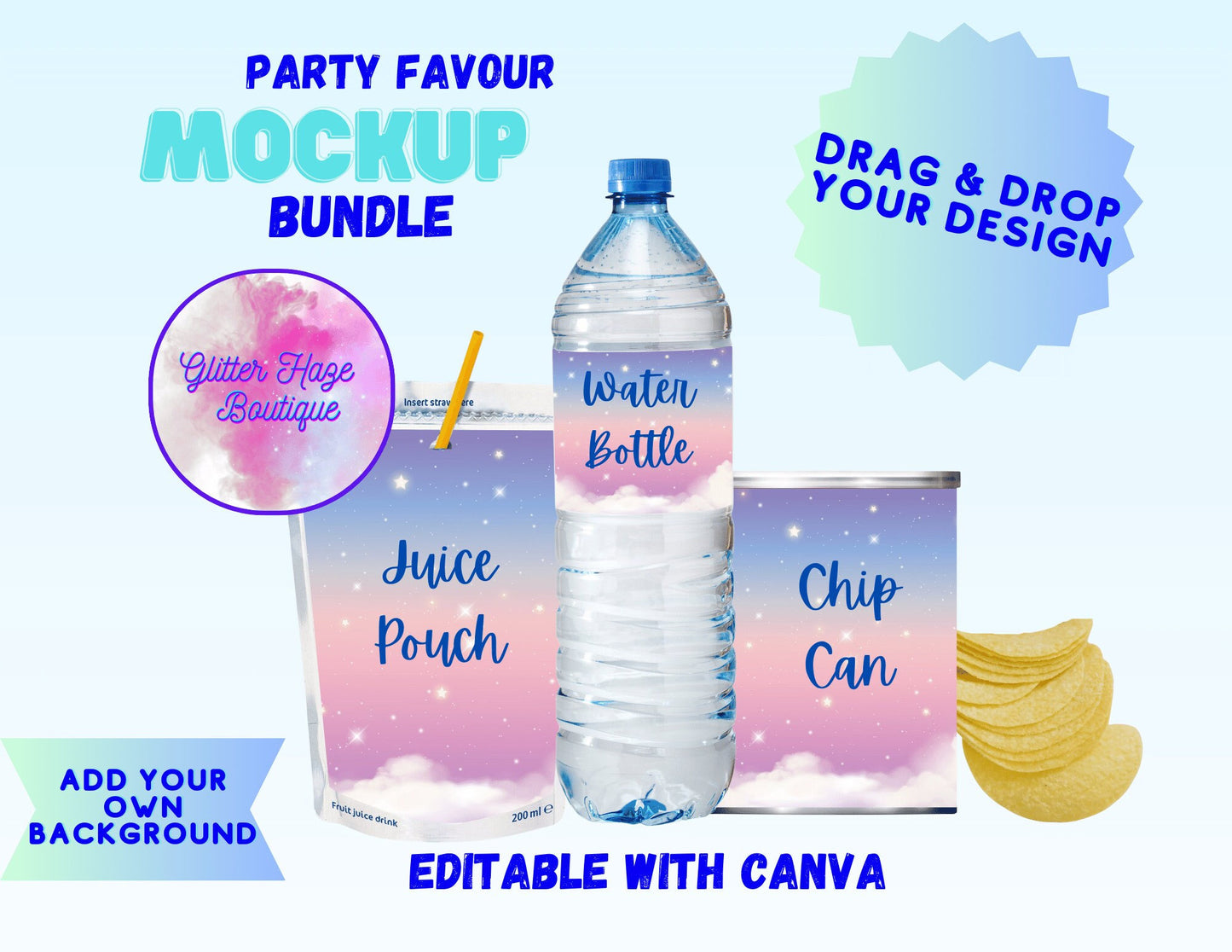 Party Favour Mockup Bundle | Stackable Chip Can, Water Bottle, Juice Pouch Mock Up for Custom Designs | Canva Templates