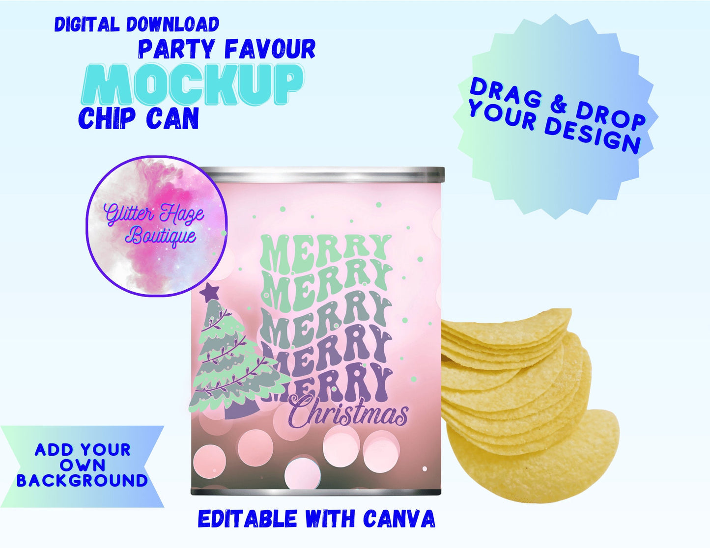 Party Favour Chip Can Mockup | Stackable Chips Mock Up for Custom Designs | Editable with Canva
