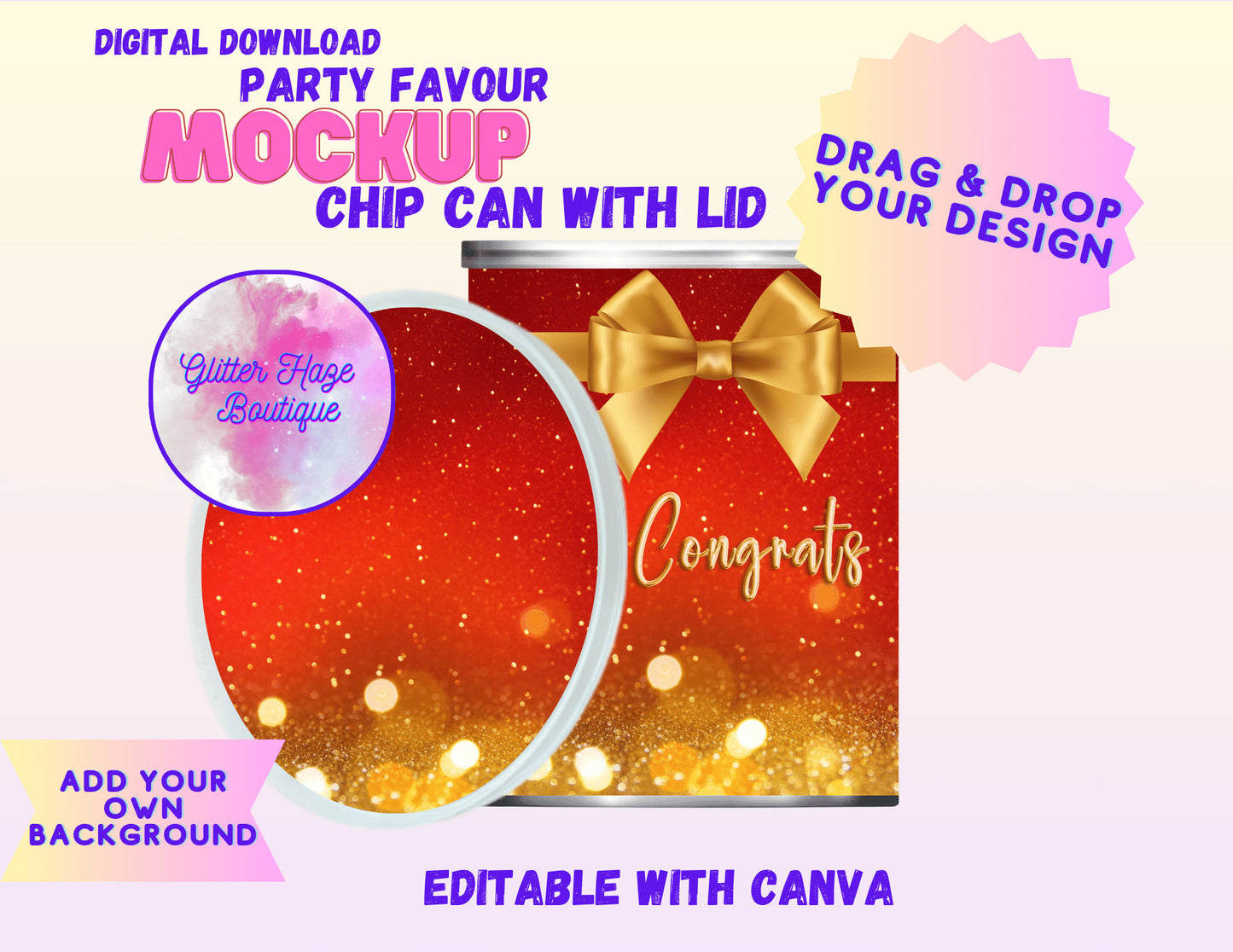 Party Favour Chip Can with Lid Mockup | Stackable Chips Mock Up for Custom Designs | Editable with Canva | Custom Party Favour Templates