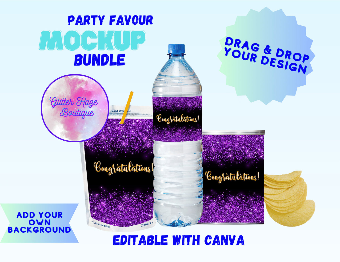 Party Favour Mockup Bundle | Stackable Chip Can, Water Bottle, Juice Pouch Mock Up for Custom Designs | Canva Templates