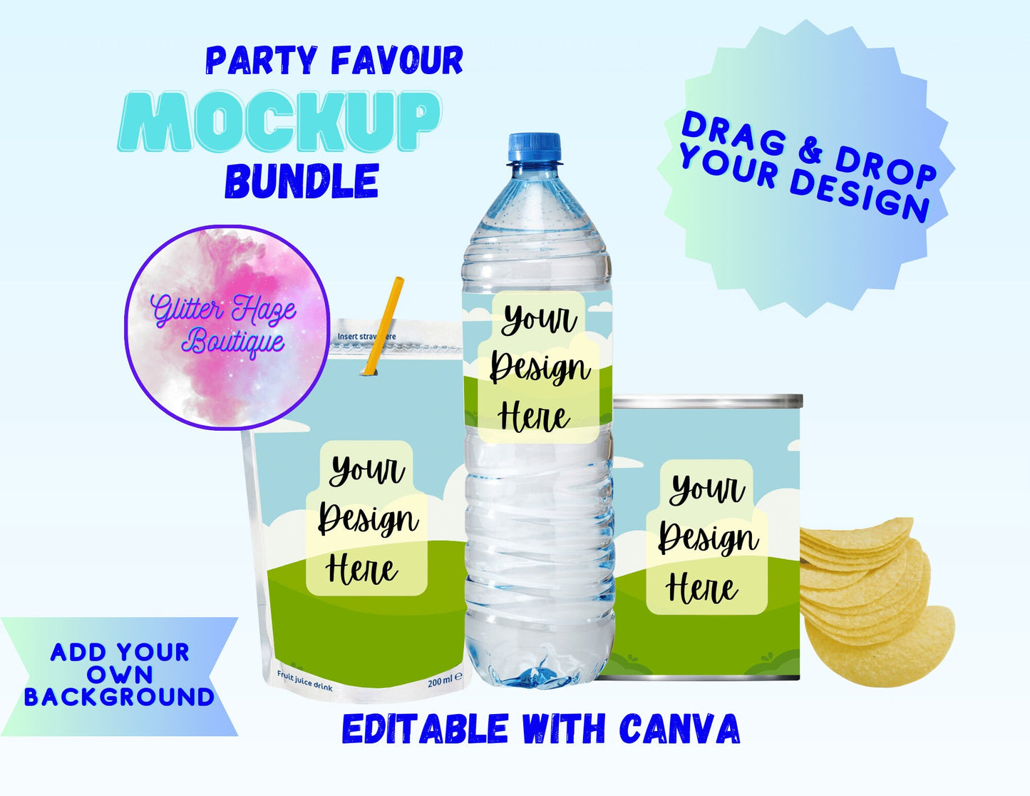 Party Favour Mockup Bundle | Stackable Chip Can, Water Bottle, Juice Pouch Mock Up for Custom Designs | Canva Templates