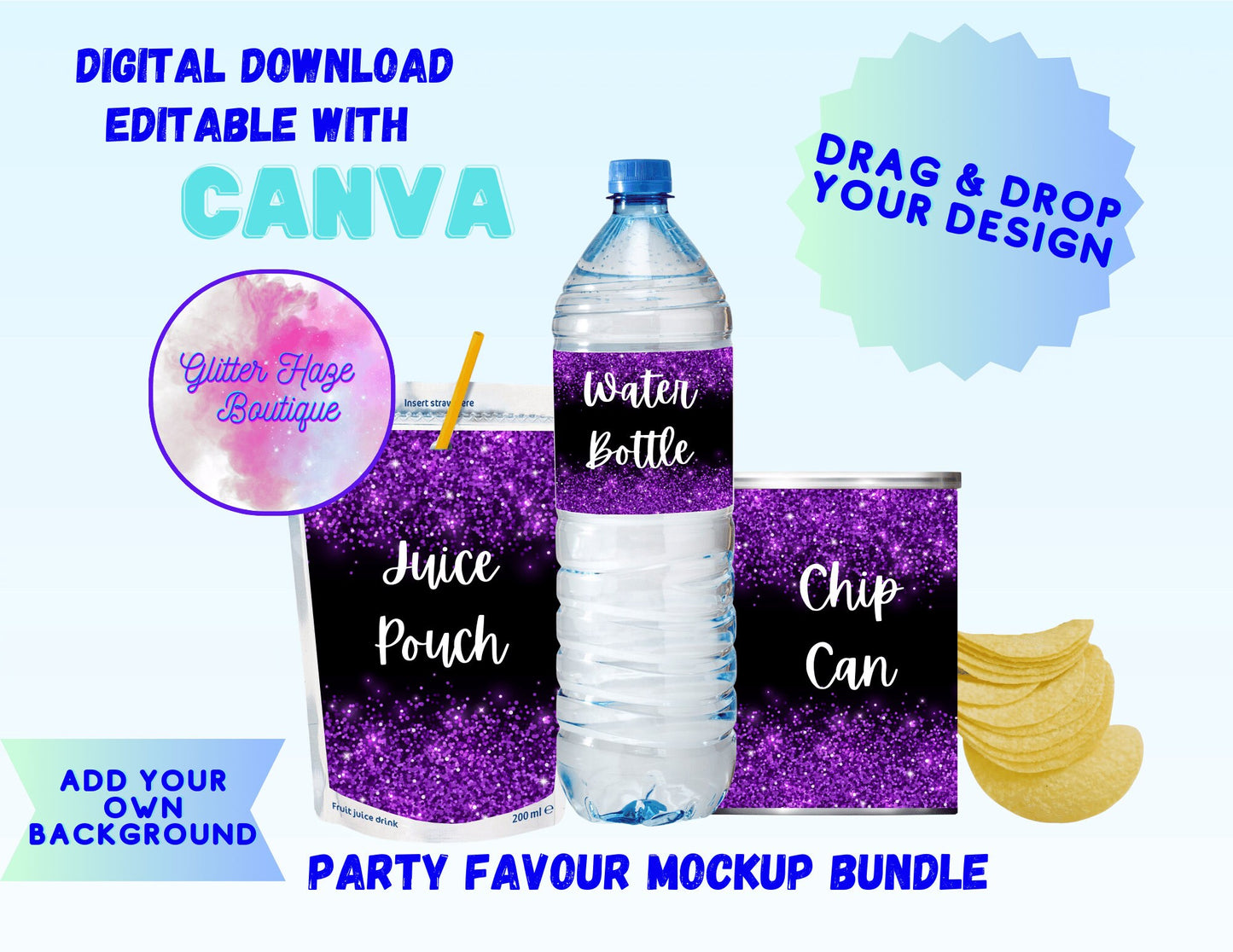 Party Favour Mockup Bundle | Stackable Chip Can, Water Bottle, Juice Pouch Mock Up for Custom Designs | Canva Templates