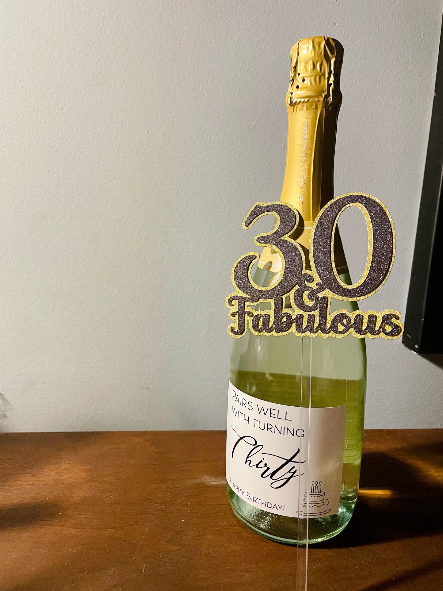 30 & Fabulous, Glitter Cake Topper, with Custom 30th Birthday Bottle Label