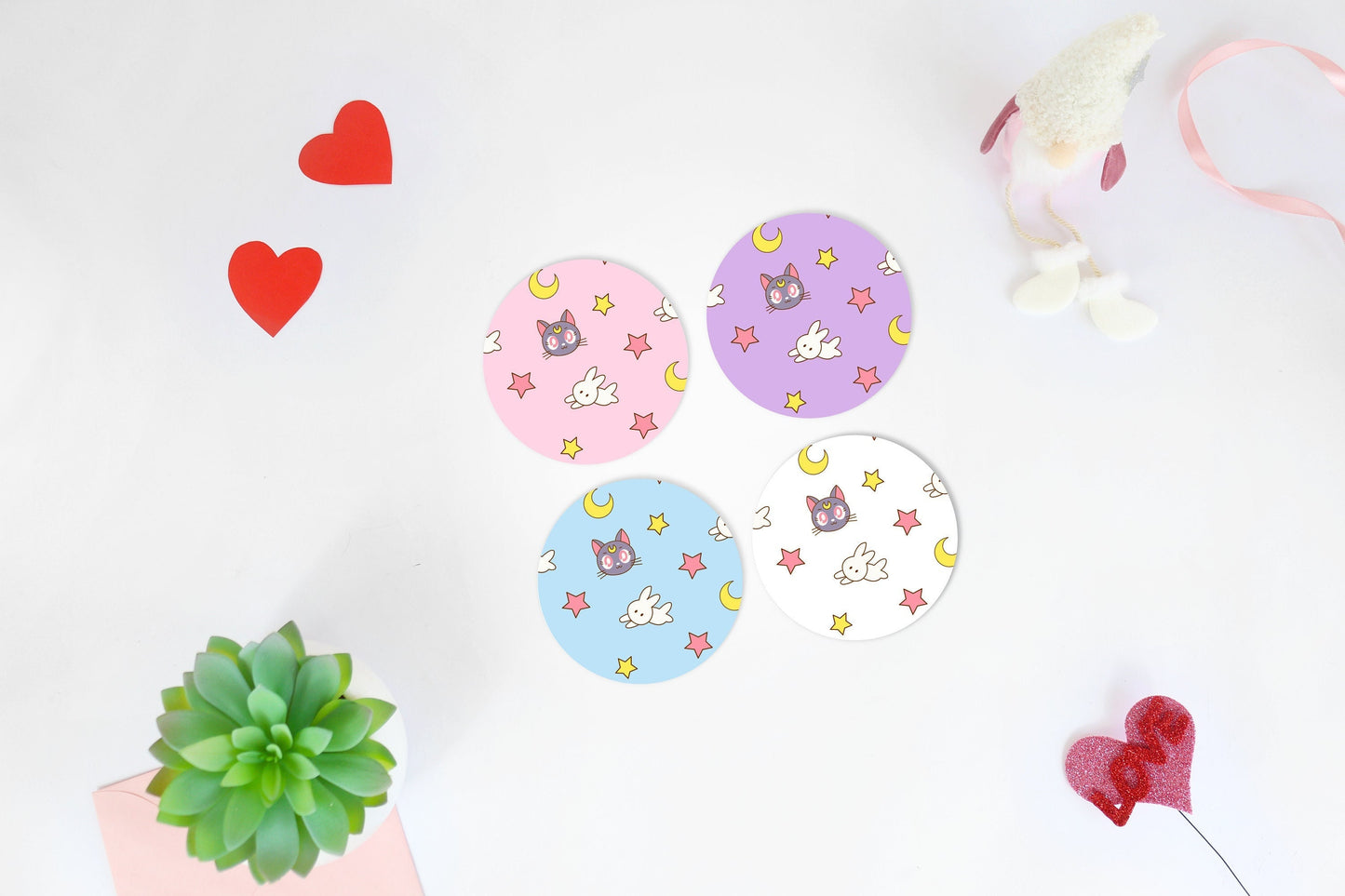 Sailor Moon Coaster Set, Anime Gift for Her, Lightweight Rubber Bottom Coasters, Kawaii Aesthetic Home Decor