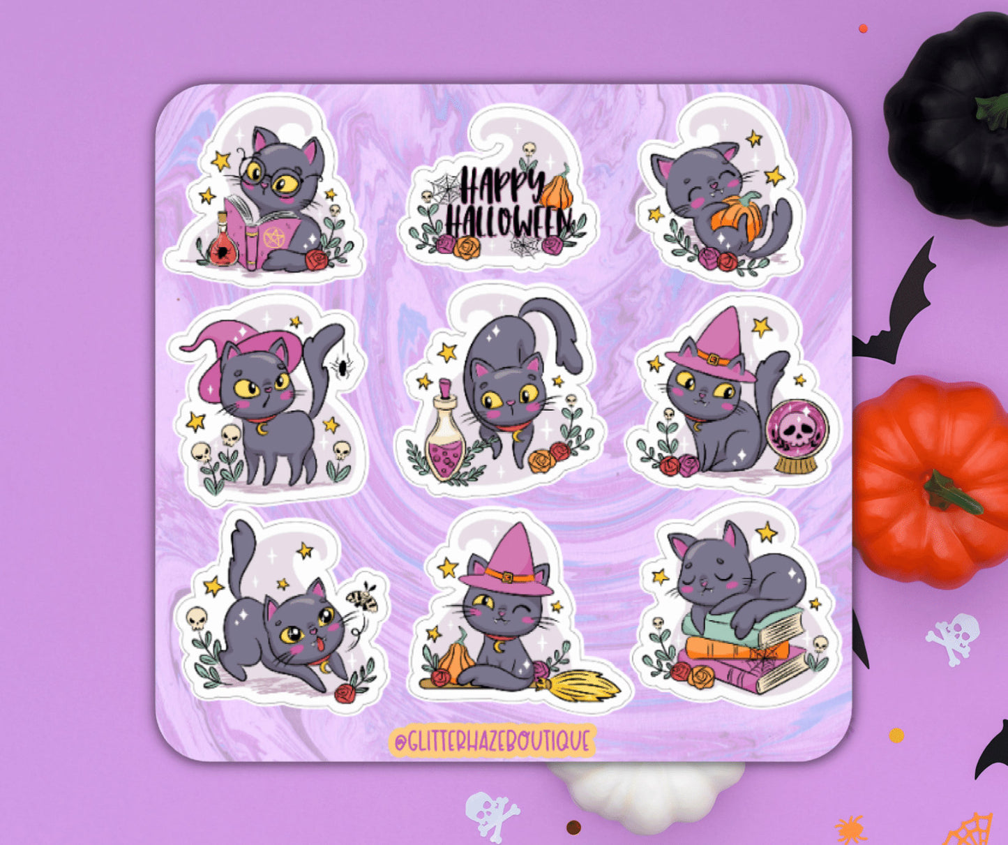 Halloween Cat Stickers | Black Cat | 9 Pack Glossy Vinyl Water Resistant Laptop Sticker | Kawaii Stickers | Black Cat Decal | Anime Stickers