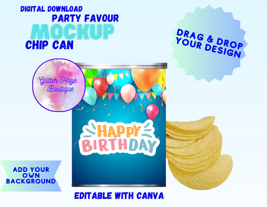 Party Favour Chip Can Mockup | Stackable Chips Mock Up for Custom Designs | Editable with Canva